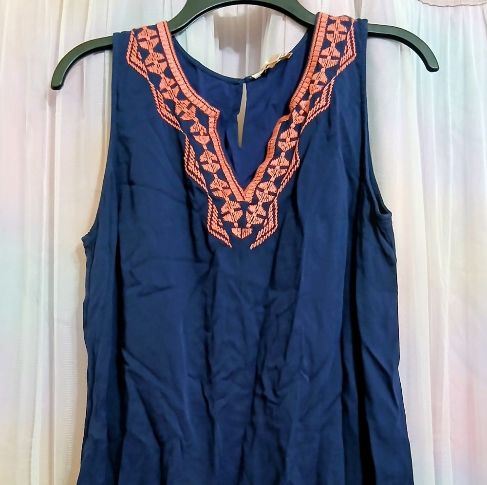 Navy Blue Sleeveless Dress with Coral Embroidery